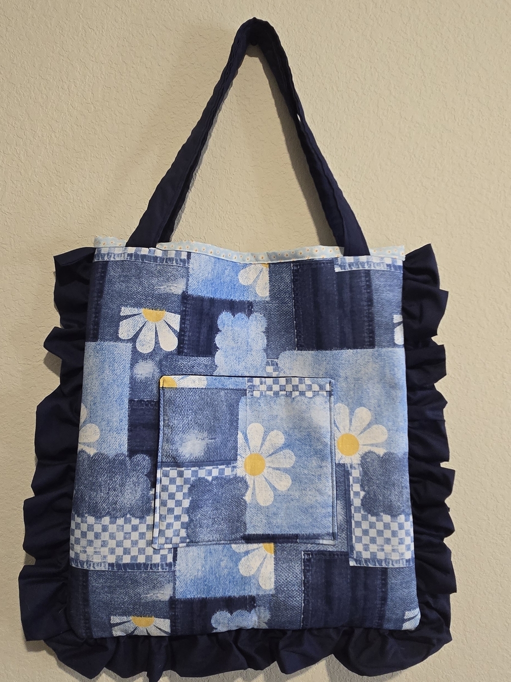 Handmade Blue Daisy Patchwork Tote Bag - Navy Trim